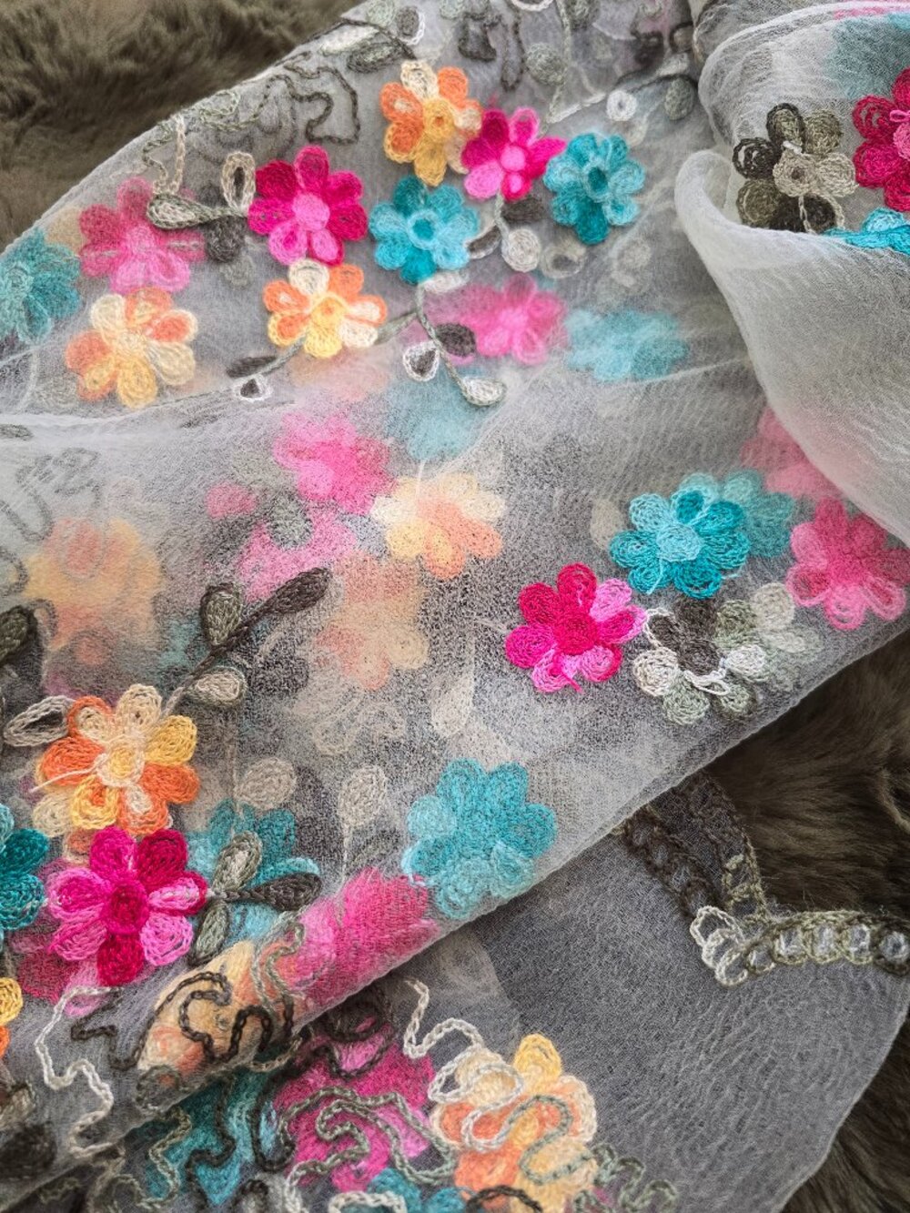 Embroidered and Colorful Mesh Scarf STUNNING!
